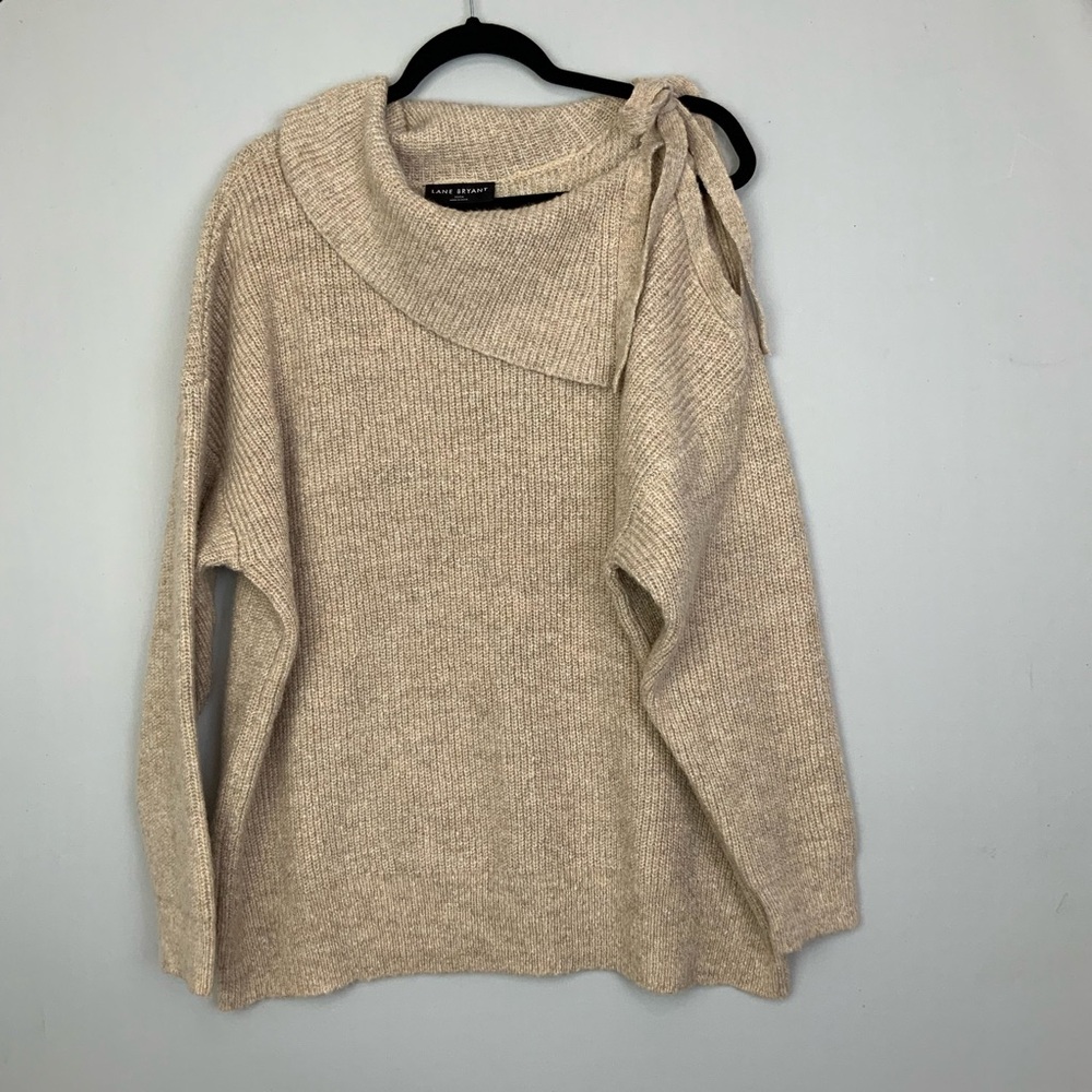 NWT Lane Bryant Sz 22 24 Oatmeal Cowl Neck Cold Shoulder Tie Cozy Sweater